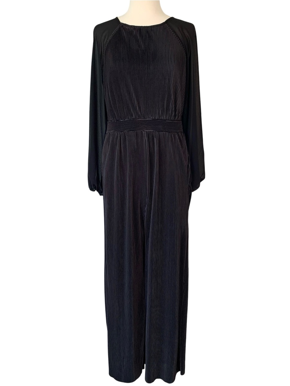Cato Black Plissé Pleated Jumpsuit Women’s Small Sheer Long Sleeves NWT